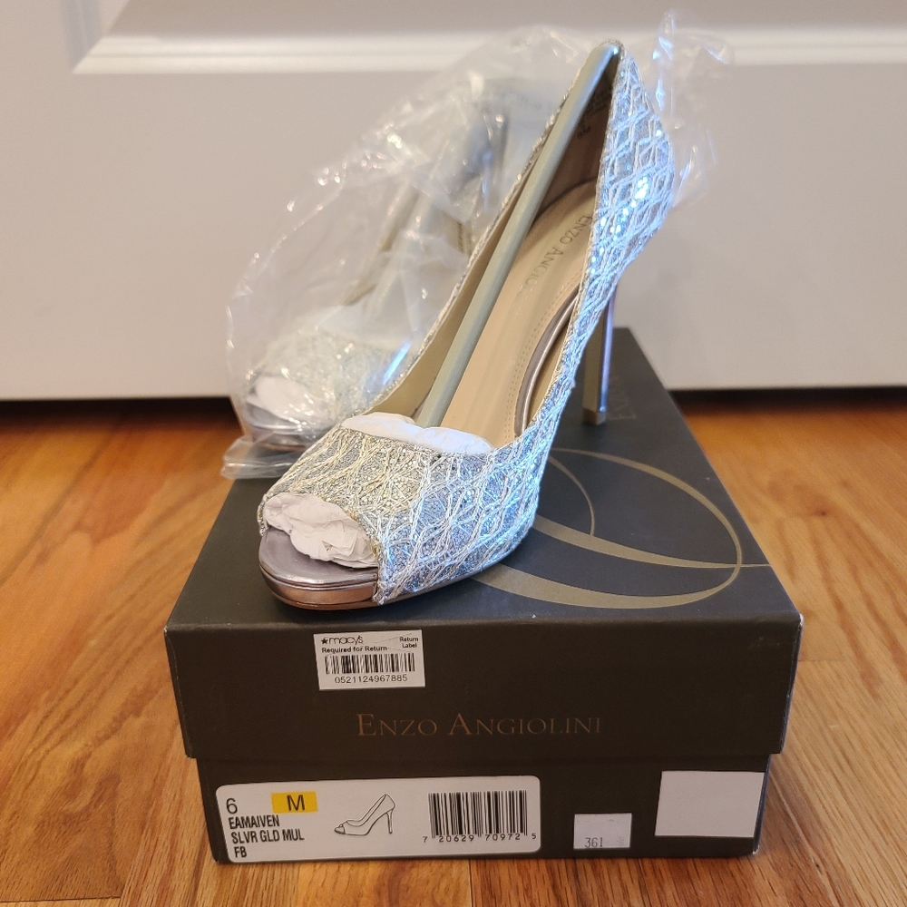 Enzo Angiolini Maven Silver and Gold Peeptoe Pumps